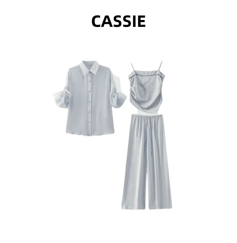 CASSIE夏季洋气薄款遮肉显瘦防晒衬衫吊带背心松紧腰阔腿裤三件套