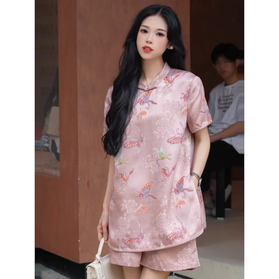 诗如话 蝴蝶夏季短袖常规款新中式衬衫小个子连衣裙提花气质夏季