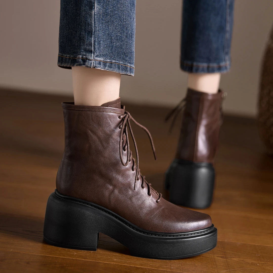 小个子手工女鞋8cm~短筒马丁靴系带厚底粗跟短靴秋季新款瘦瘦靴女