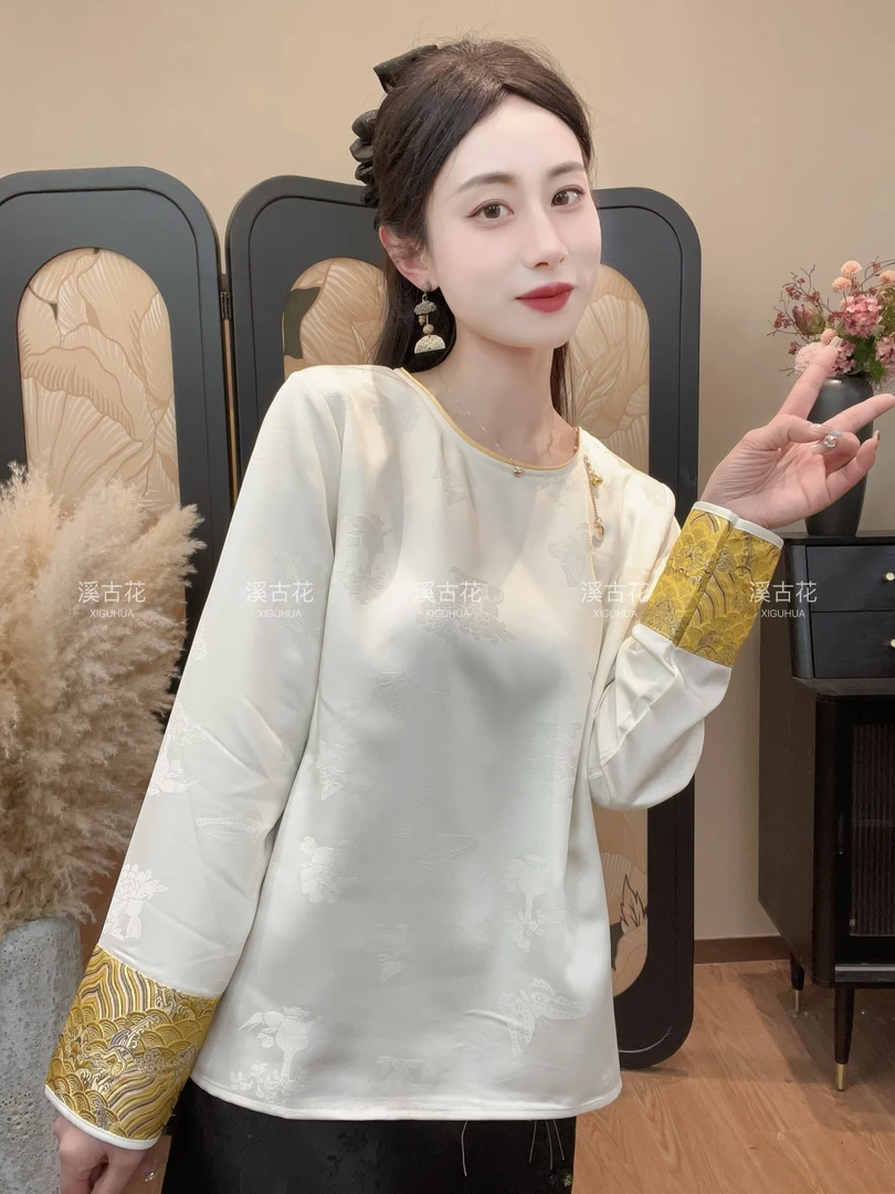 【金合欢】 春款新中式圆领国风小衫女时尚长袖显瘦百搭上衣