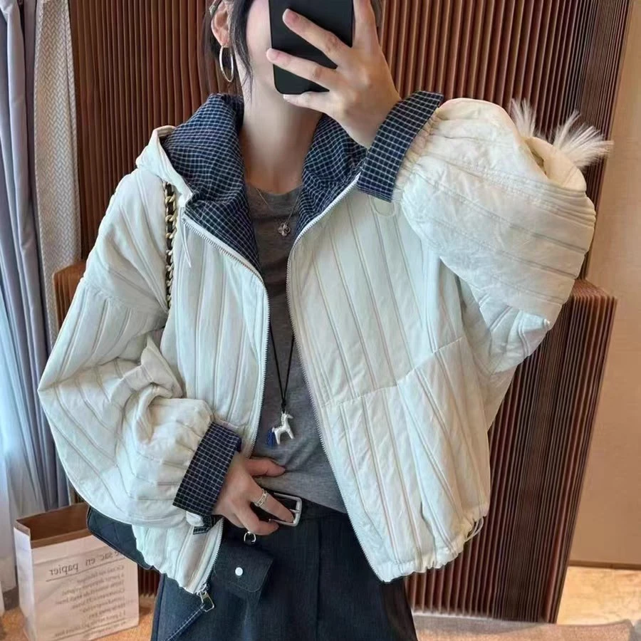 现货撞色薄款连帽棉衣短外套女2025秋季新款宽松休闲棉服夹克上衣