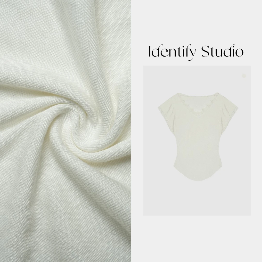 IDENTIFY香香“蕾丝之语”春季气质V领蕾丝拼接短袖上衣25SS