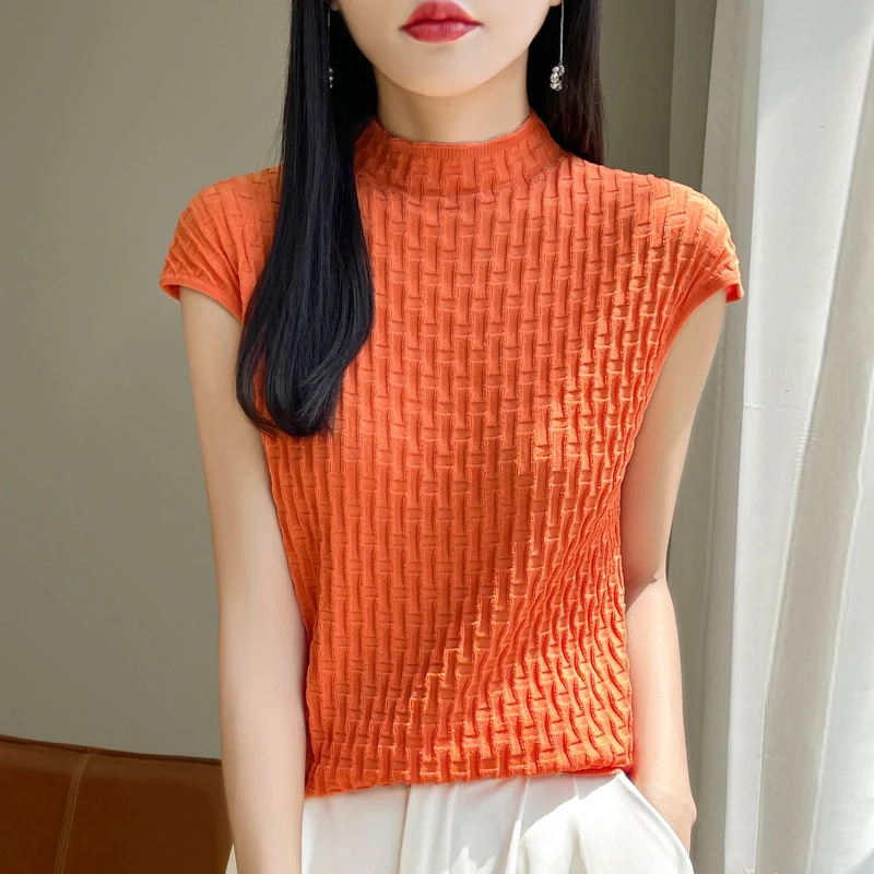 夏季新款冰丝半高领T恤女包袖肌理感薄款针织短袖气质上衣纯色