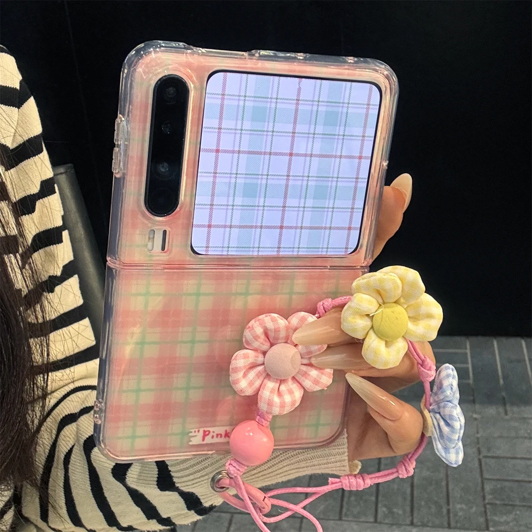 适用华为purax典藏版折叠屏手机壳PuraX小清新撞色格纹花朵手绳女