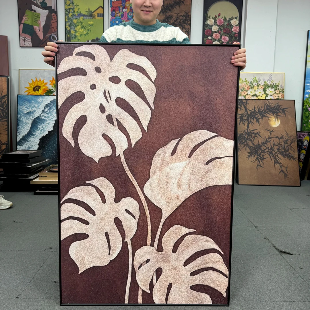 中古艺术龟背竹装饰画现代简约卧室床头画复古竹子餐厅80120