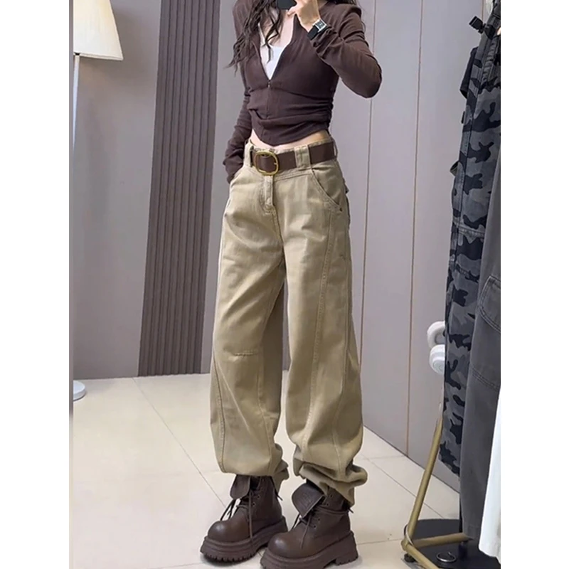 窄版卡其色镰刀弯刀工装牛仔裤女2025秋季新款大码胖mm高腰香蕉裤