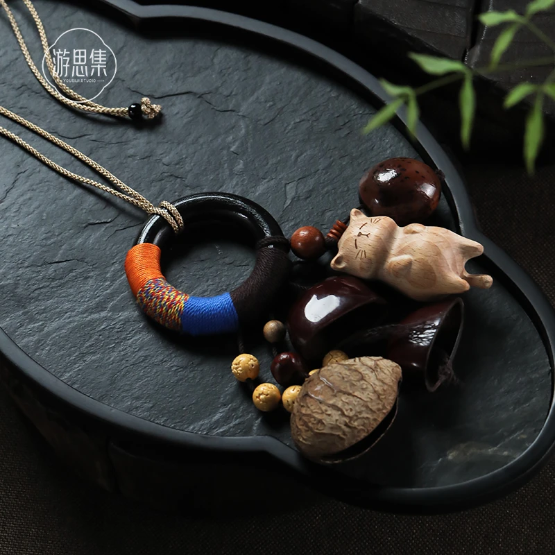 游思集【财喵双全挂件】天然菩提黑果壳小猫咪可爱精致包挂车挂