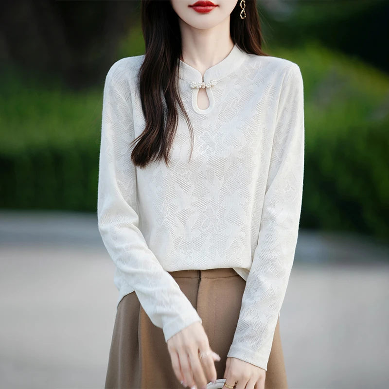春秋新款新中式国风立领针织衫女蕾丝提花设计内搭长袖套头打底衫