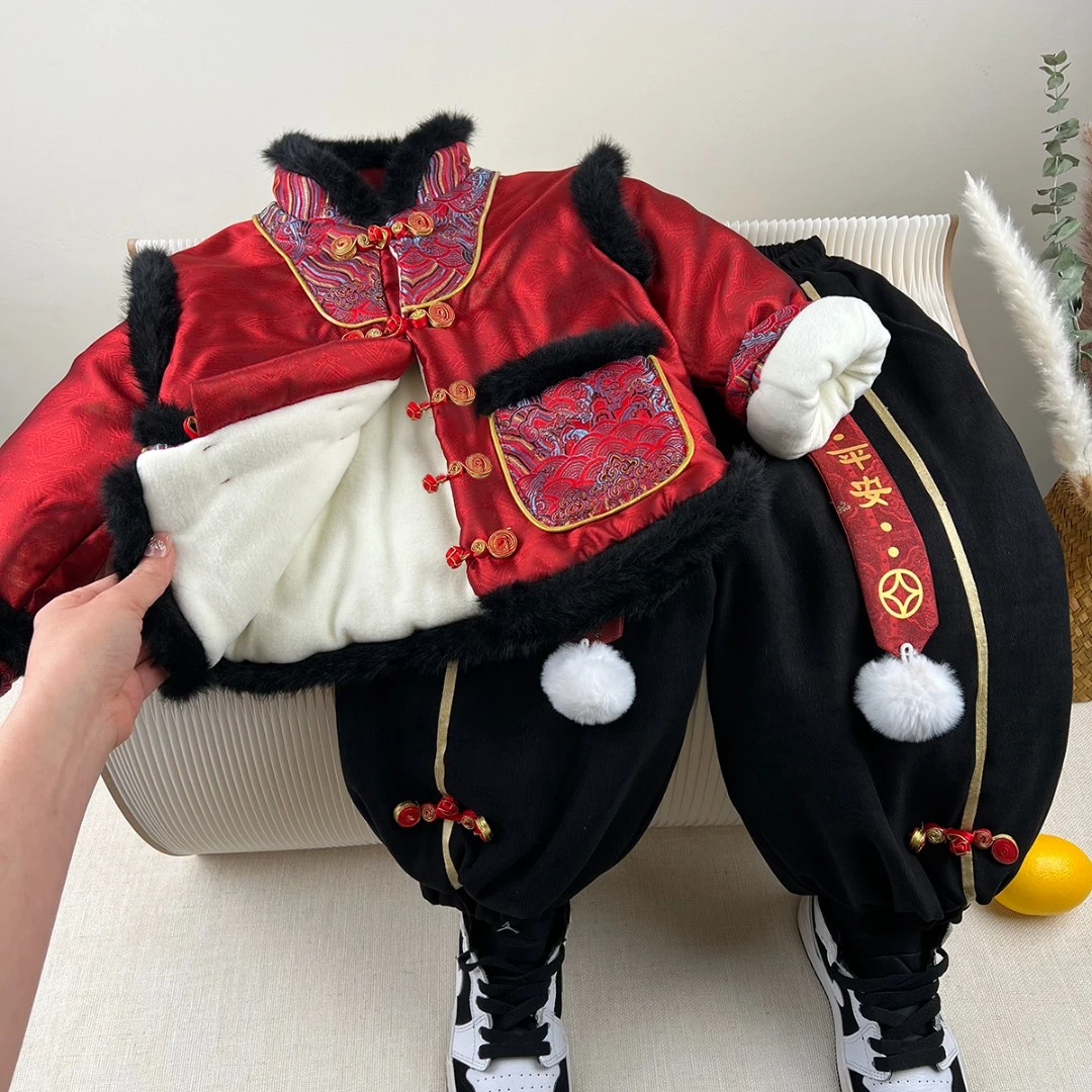 汉服男童新中式拜年服套装加绒加厚儿童国风唐装宝宝过年喜庆衣服