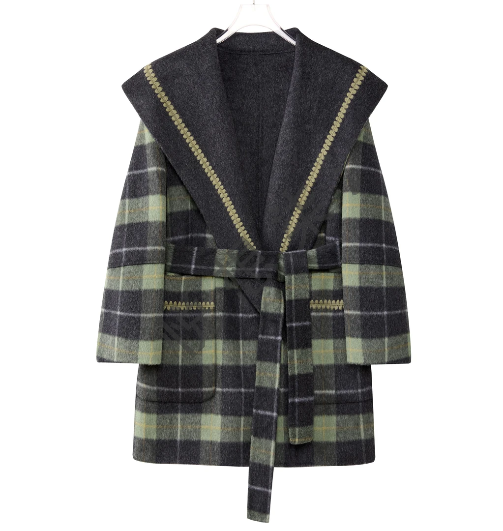 悦想柒沫【江】高奢冬季羊毛大衣灰绿格贝壳刺绣气质女士专属大衣