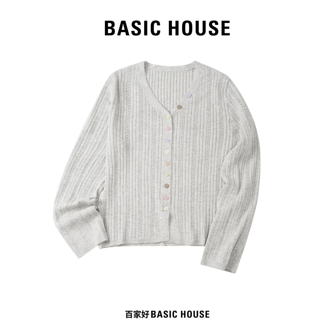 Basic House/百家好2025年V领镂空针织设计师款长袖针织衫5022 MM