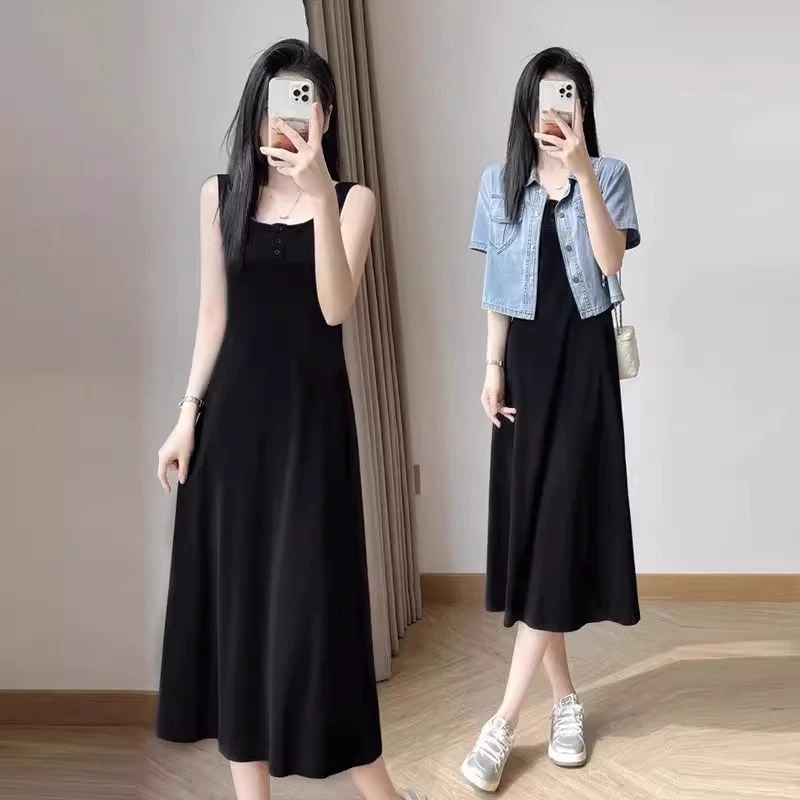 春夏黑色显瘦吊带背心裙中长款牛仔短外套搭配背心连衣裙子两件套