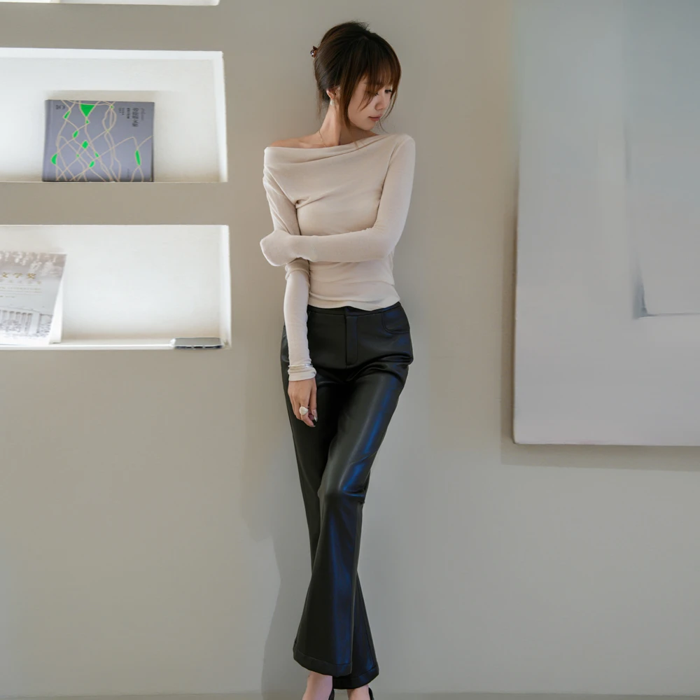 海宁真皮皮裤女高腰显瘦微喇叭裤2025秋新款时尚百搭长裤女