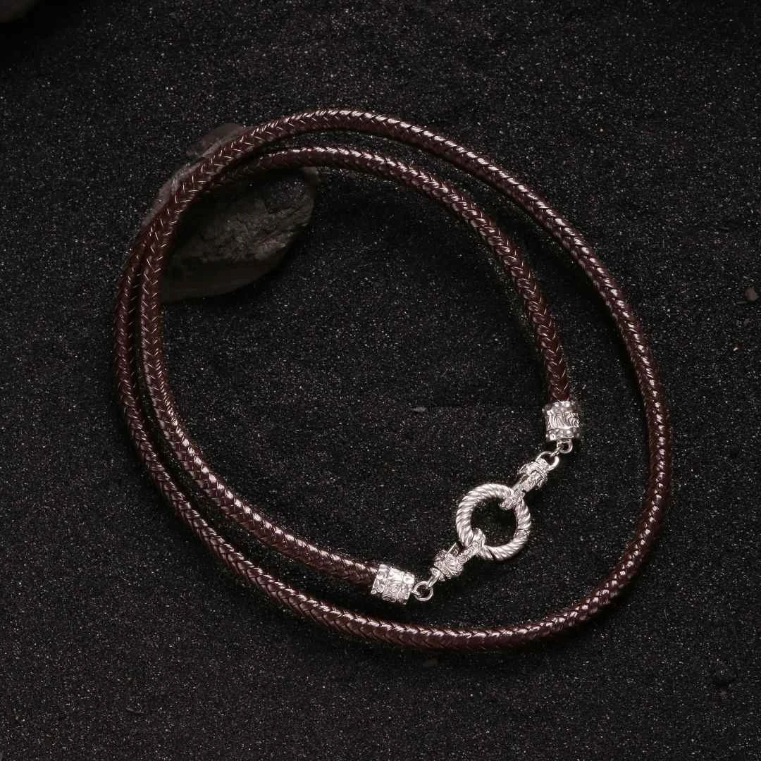 吊坠925银 N15210唐草纹双扣头圆环扣编织皮绳项链女手工时尚百搭