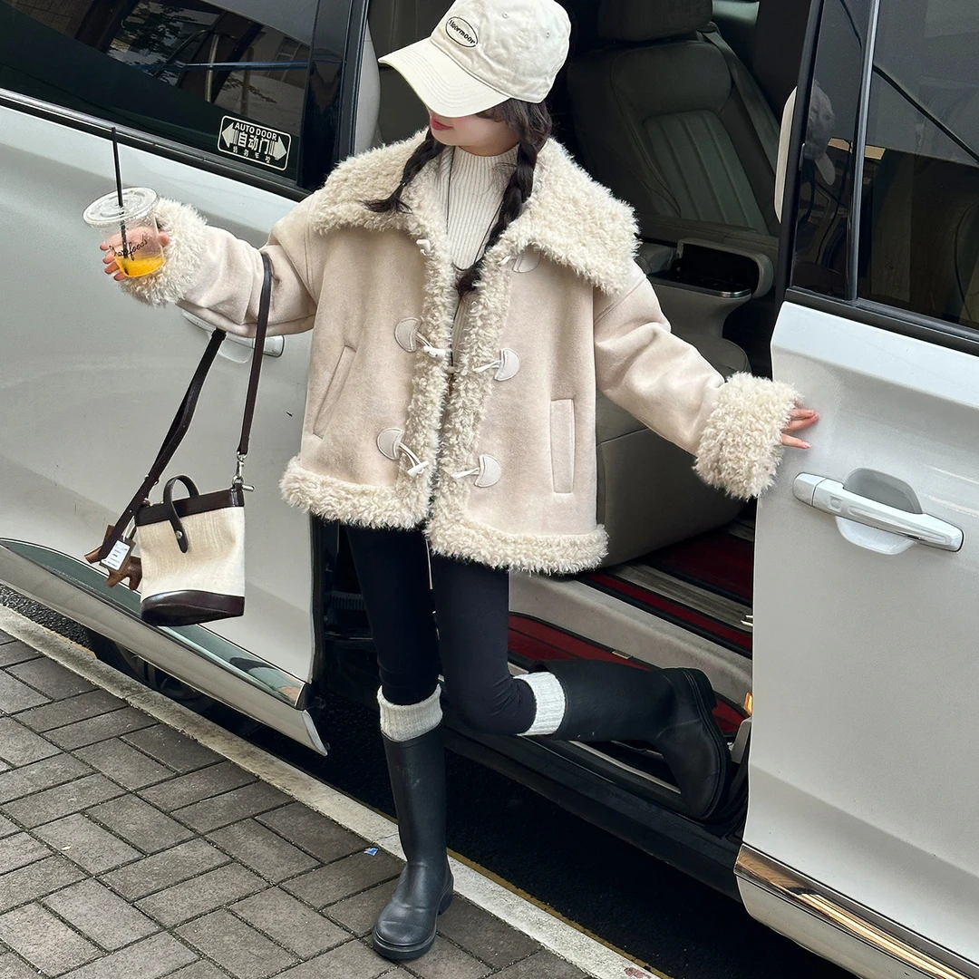 女童加绒外套2025新款6-12岁皮毛一体秋冬装儿童加厚羊羔绒上衣
