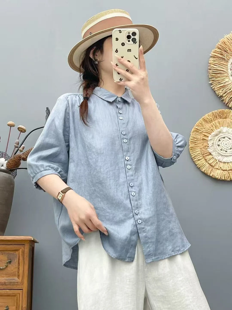 （翻领纯亚麻）薄款五分袖夏季方领吸汗短袖衬衫宽松衬衣纯色洋气