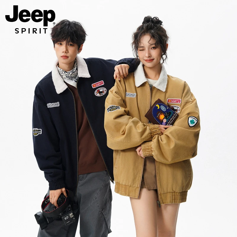 JEEPSPIRIT美式绣标翻领夹克外套女男2025秋休闲百搭学院风棒球服