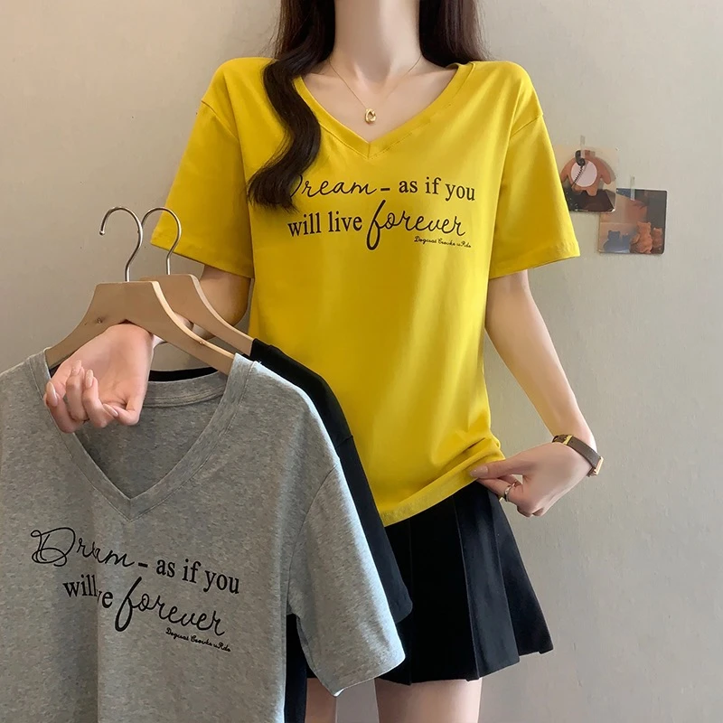 V领上衣短袖T恤字母设计款简单时尚百搭中长款2025新款胖MM大码