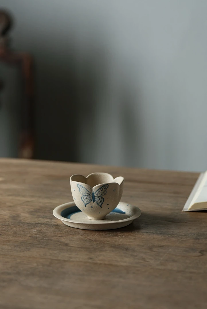 清新家用陶瓷青花蝴蝶杯手绘紫砂主人杯适合下午茶全手工白段茶杯