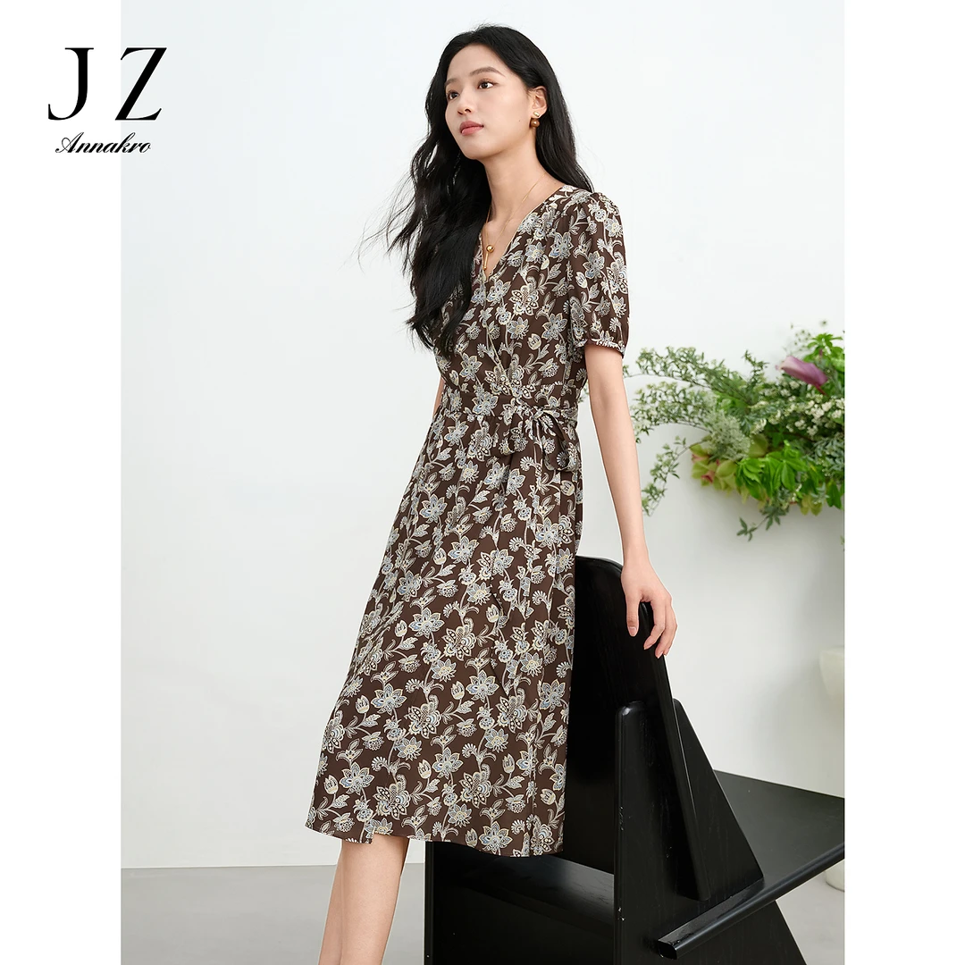 JUZUI玖姿JTFX50016优雅通勤风印花系带收腰连衣裙夏季