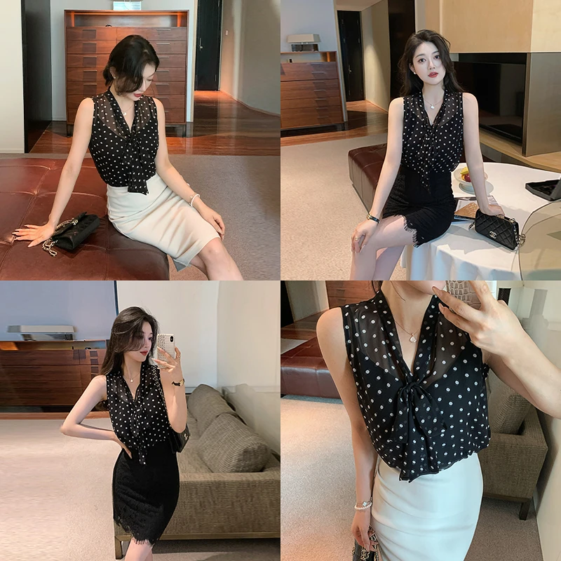 林关关【秀影衫】夏季无袖撞色波点系带V领衬衣气质百搭性感衬衫