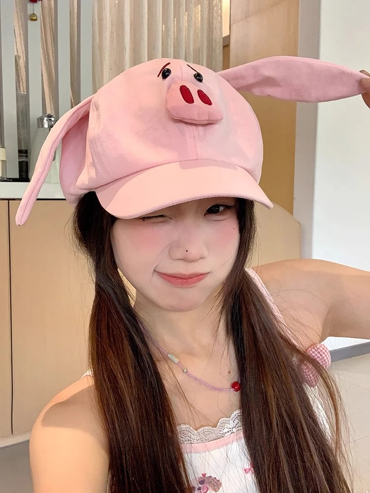 哪吒太乙大耳朵粉色飞天猪贝雷帽女春夏季可爱卡通帽子搞怪八角帽