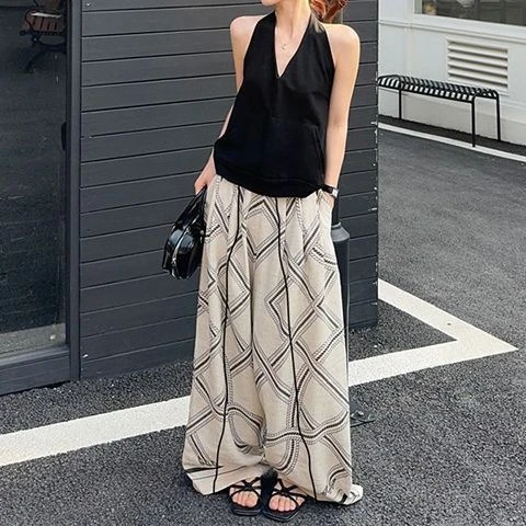 纯欲辣妹露背挂脖背心+格纹阔腿裤女2025年夏季新款韩系时尚套装