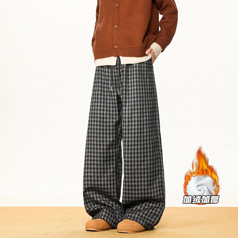 大码加绒加厚格子裤冬季宽松休闲裤潮流韩版阔腿长裤慵懒男女裤子