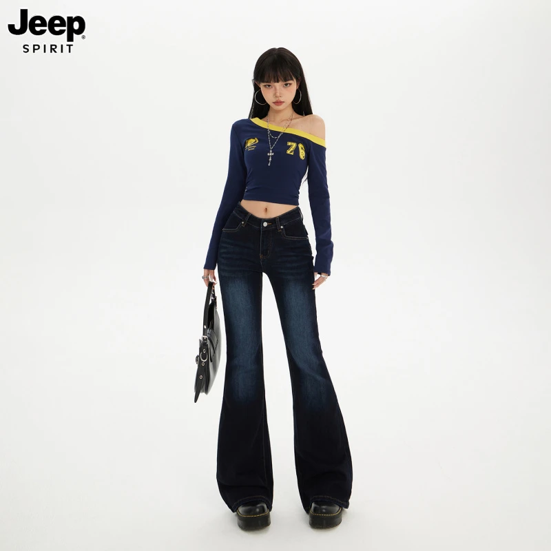 Jeep吉普美式复古低腰微喇牛仔裤女2025应季新款显瘦弹力喇叭裤子