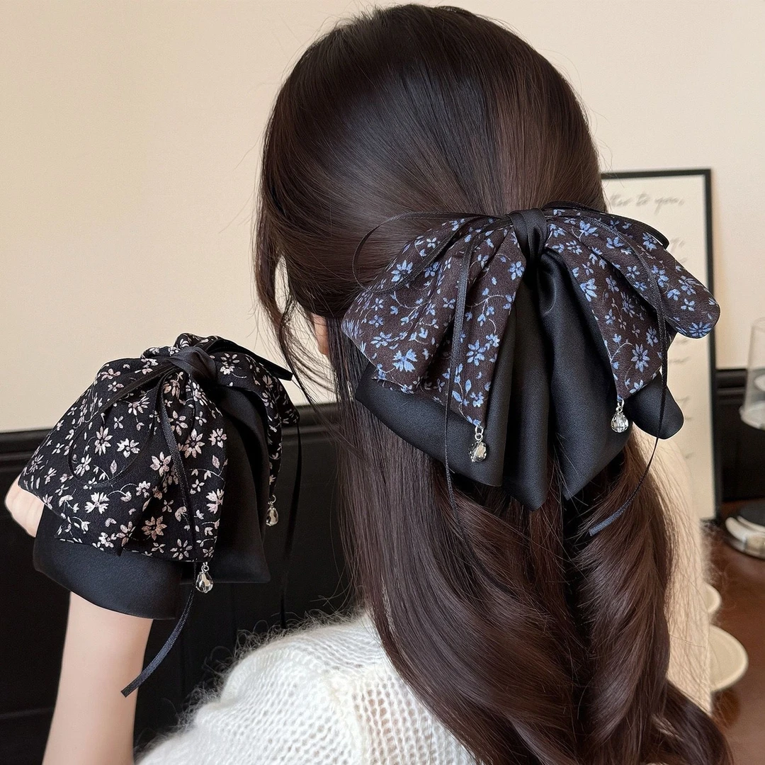 碎花秋冬网红复古立蝴蝶结抓夹显发量鲨鱼夹脑勺时尚马尾夹女