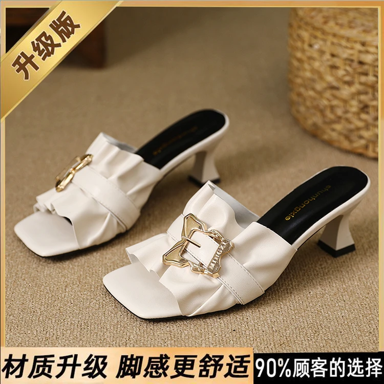 百搭凉拖2025夏季新款外穿拖鞋中跟方头时尚女鞋子气质鞋子
