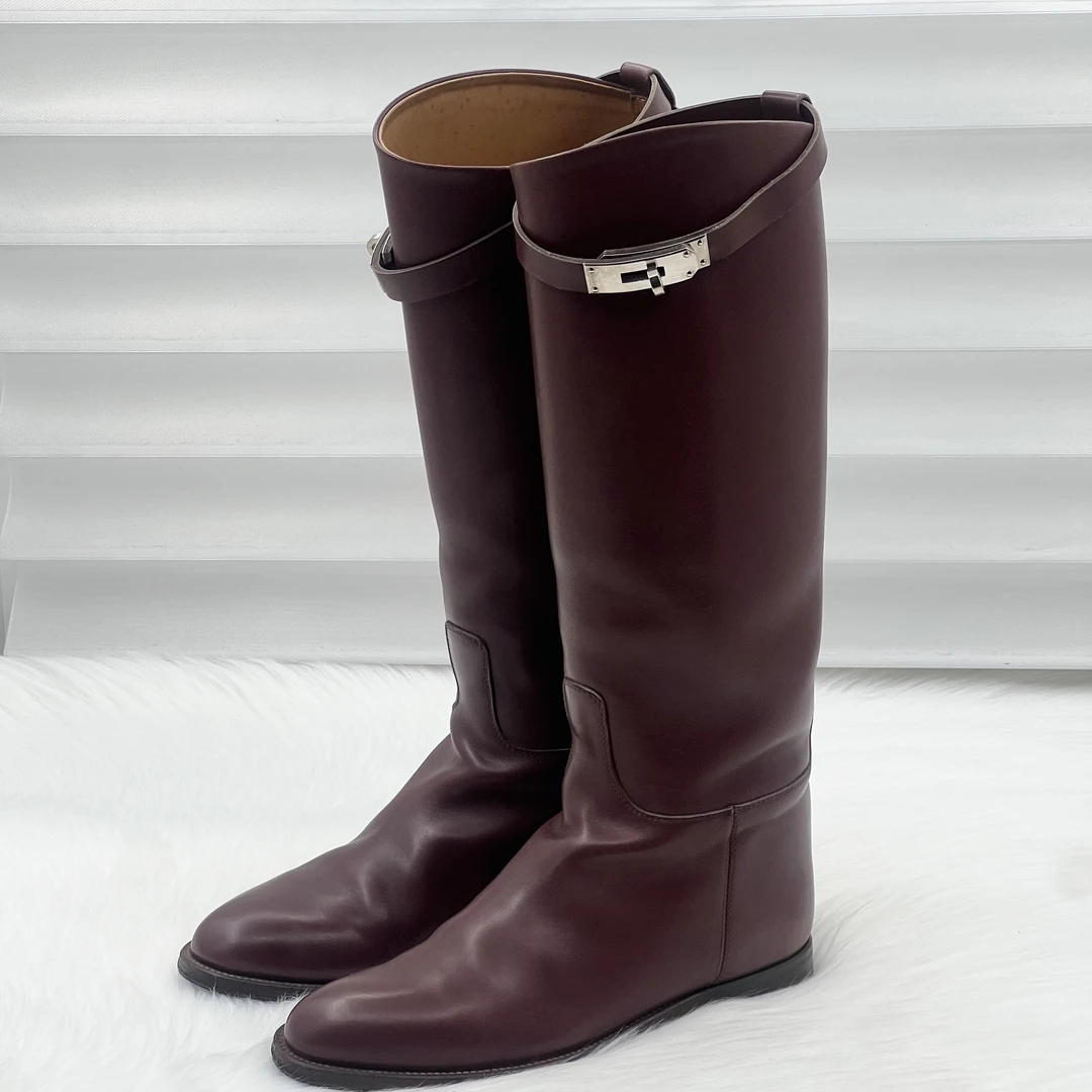 95新 Hermes/爱马仕 kelly 扣棕红色高筒靴 37.5码 公价1.9w x143