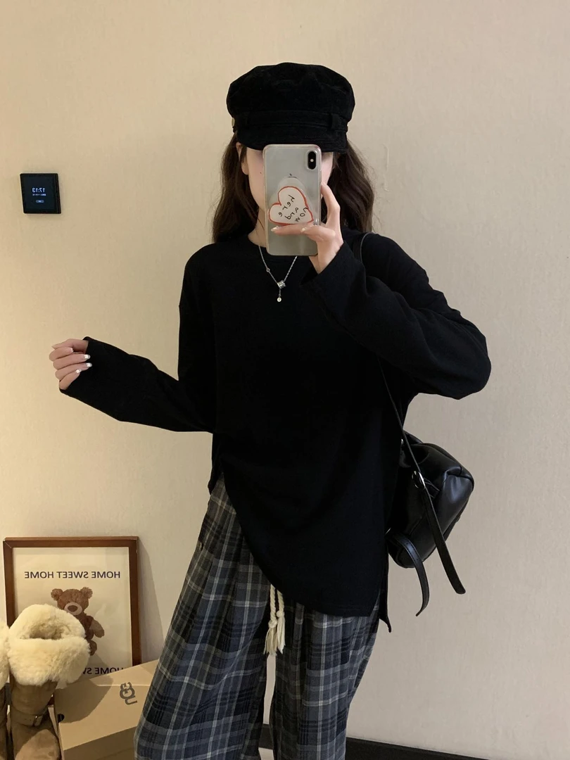 0216【加厚】纯色简约休闲百搭开叉打底衫（D8126）