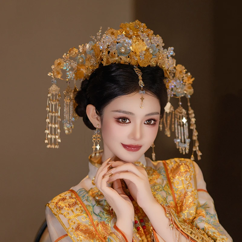合金婚庆饰品 新娘头饰中式浅色凤冠金色眉心坠古风秀禾发饰G0153