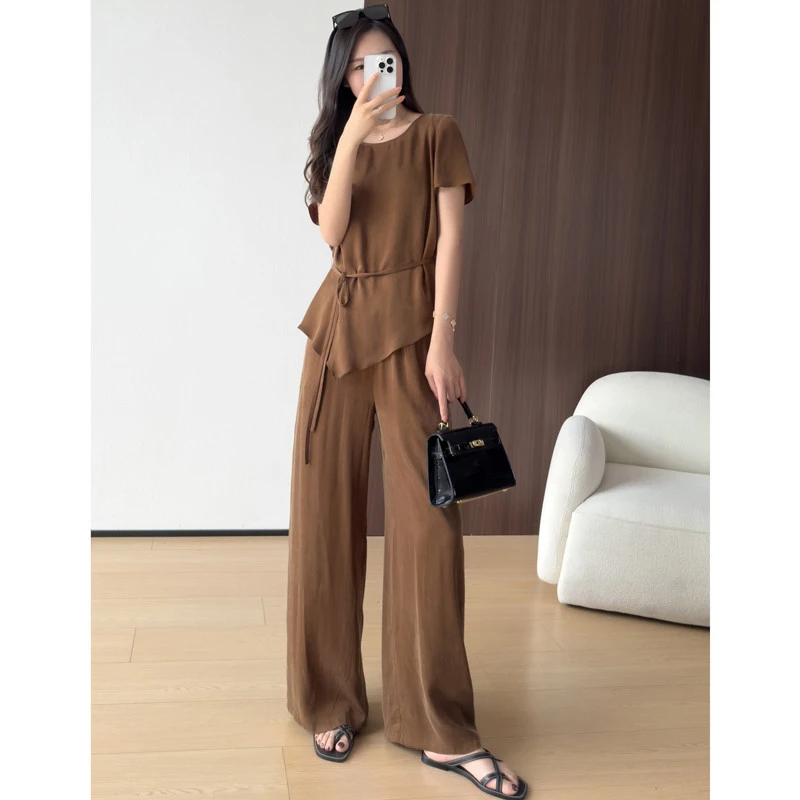 精致女主~奢华质感垂坠洒脱铜氨丝系带短袖衬衫八分裤女薄款夏季