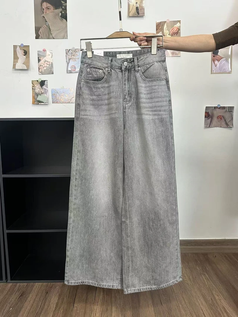 【9853】春夏薄款灰色牛仔裤洗水百搭猫须潮流直筒休闲宽松女士韩版