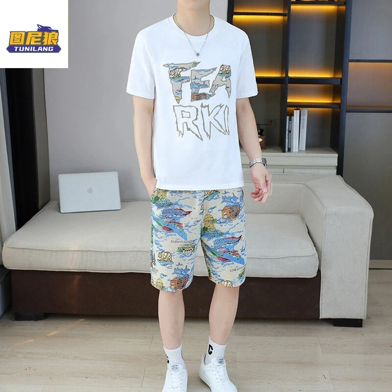 图尼狼2025新款夏季时尚休闲套装男士潮流印花薄款百搭帅气两件套