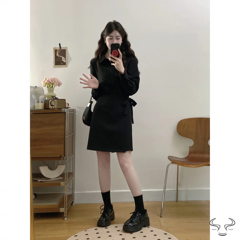 大码女装春季新款设计感显瘦假两件绑带连衣裙