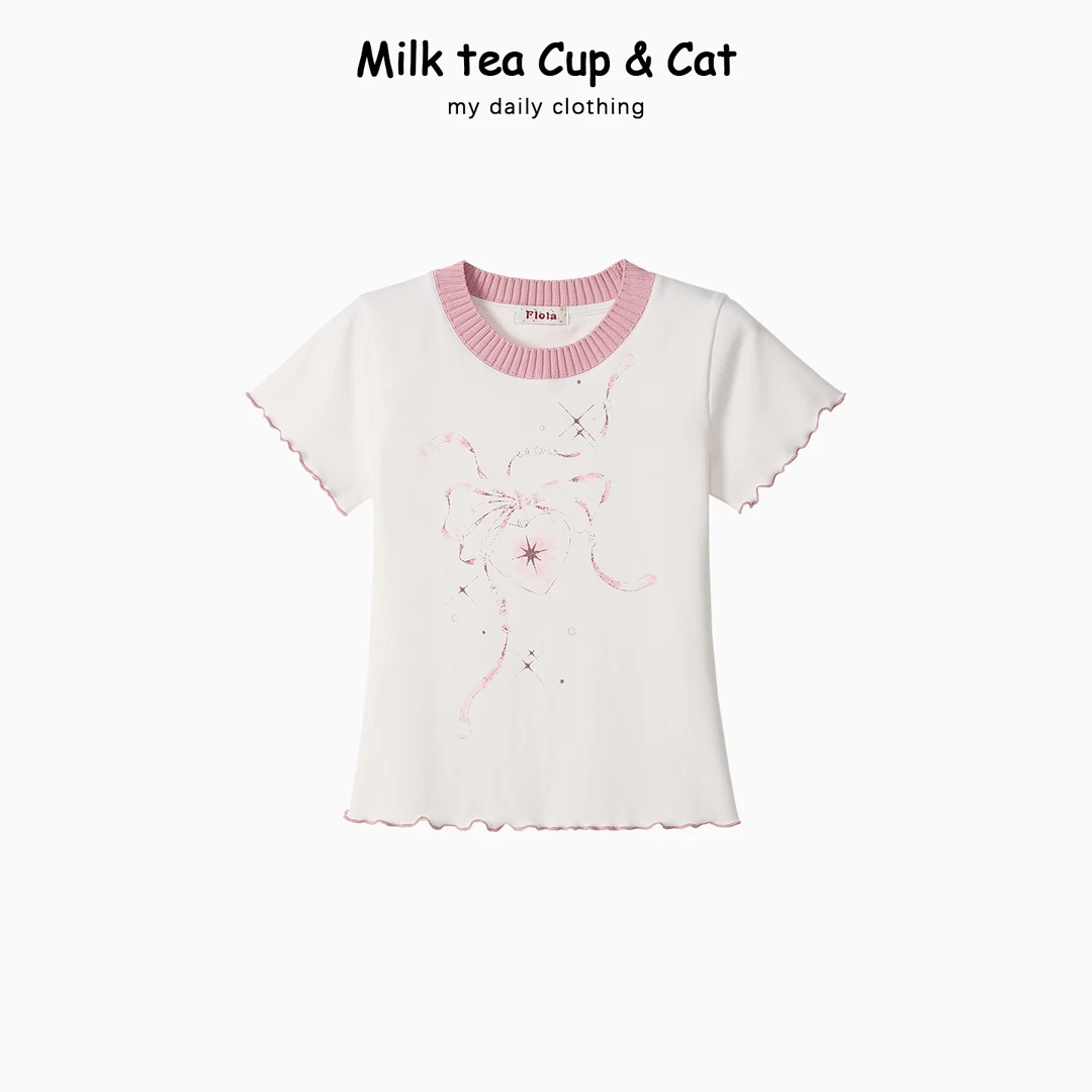 【现货】撞色设计感印花气质减龄百搭圆领正肩修身直筒显瘦短袖T恤