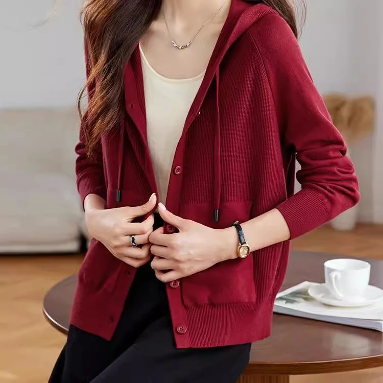 2025春季新款连帽针织衫时尚开衫女士宽松休闲针织衫打底卫衣外搭