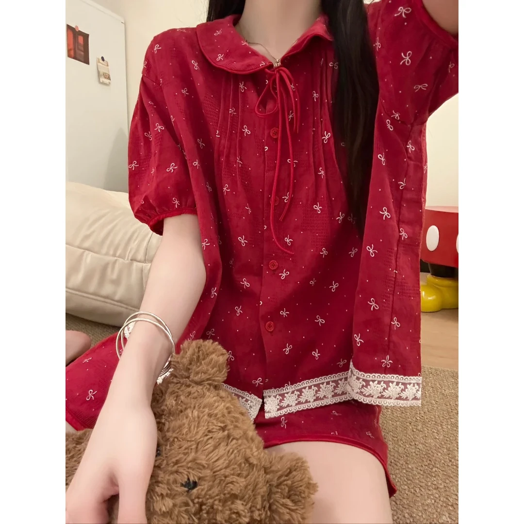 【纯欲蝴蝶结】轻奢高级感显白短袖睡衣女款夏季长裤休闲套装家居服