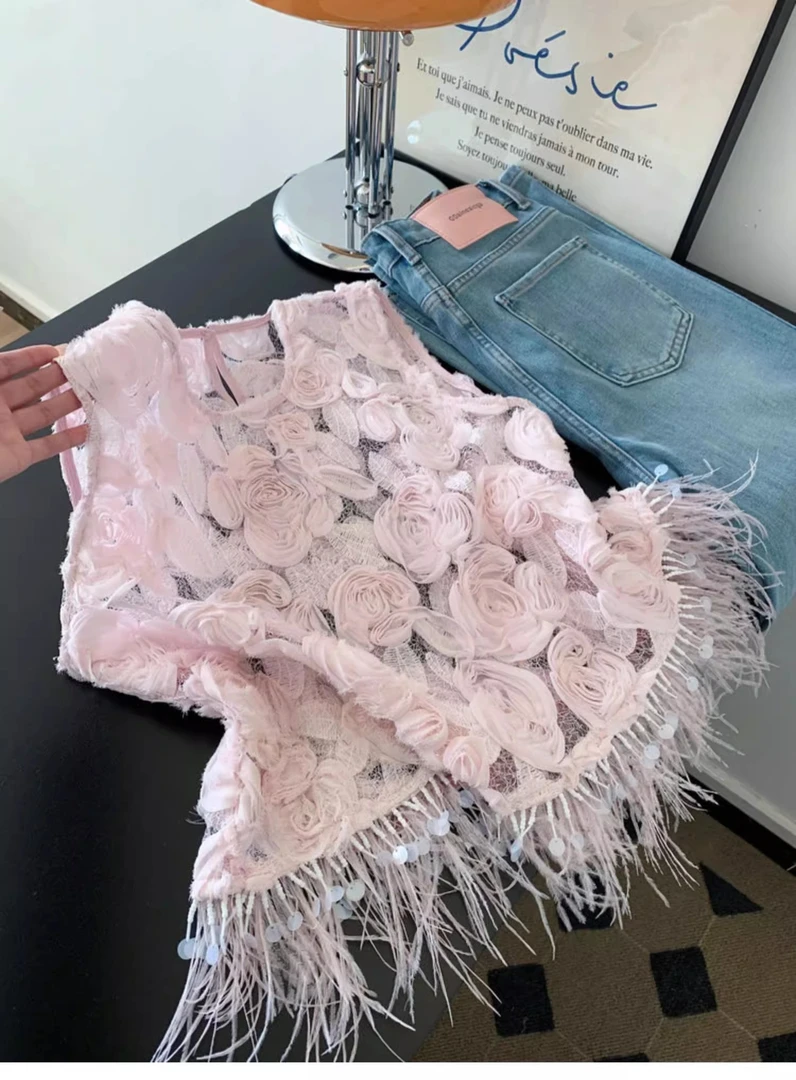 【花朵流苏亮片】重工钩花背心女2025年夏季新款温柔风减龄无袖上衣