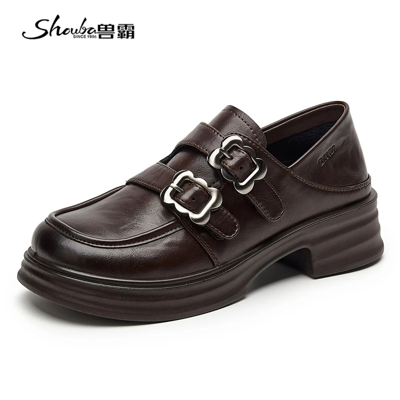 兽霸女鞋乐福鞋单鞋春季复古英伦风厚底粗跟女士双皮带扣高跟皮鞋