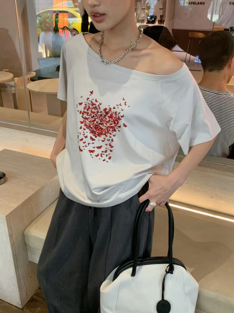 温柔瑶-DARKGREY#时尚蝴蝶印花韩版斜肩短袖#8142