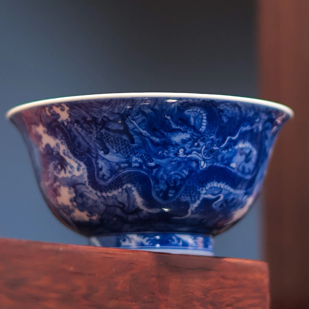 艺家仁精工青花九龙内外画撇口杯纯手工手绘景德镇主人杯单杯