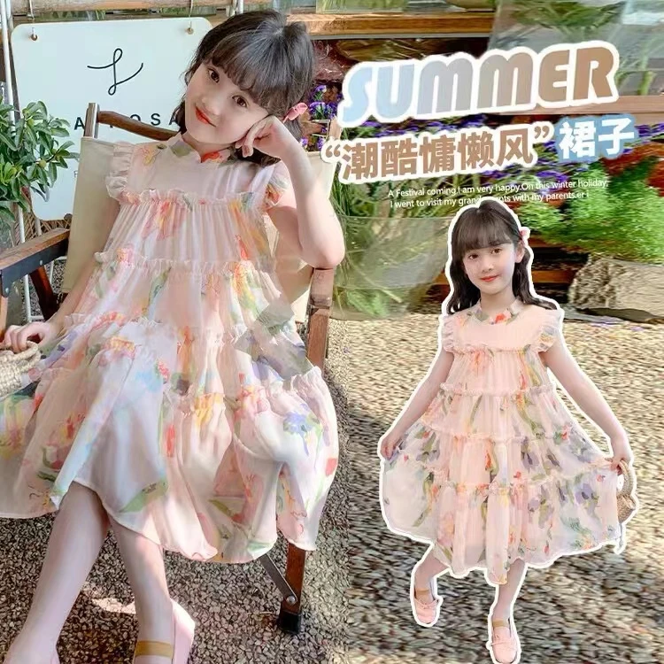 416女童夏季甜美飞袖碎花蛋糕裙