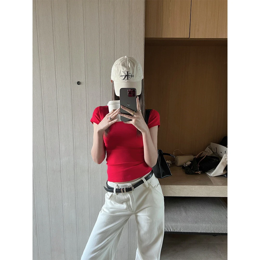 WGWE百搭修身显瘦性感圆领ins小众套头上衣短袖T恤短款夏季打底衫