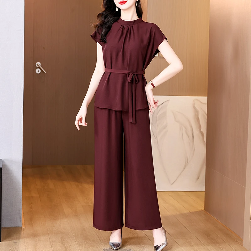 2025夏季新款时尚百搭显瘦短袖上+阔腿裤两件套女装