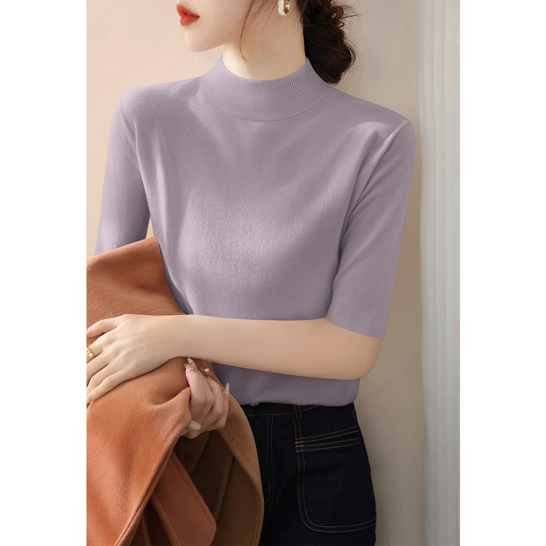 2025夏季新款女装韩系修身显瘦气质T恤上衣纯色半高领中袖针织衫