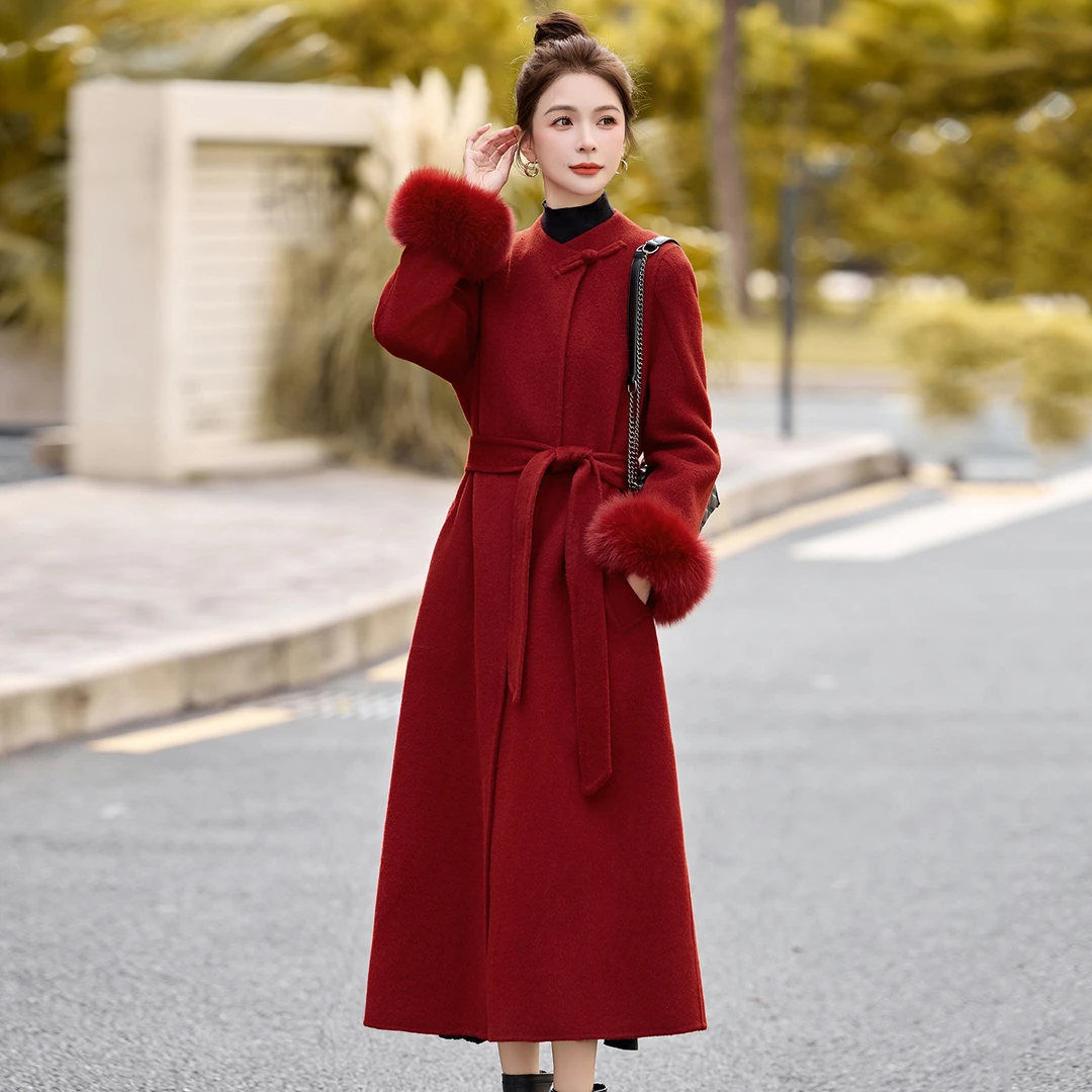 红色喜庆长款双面羊毛大衣女2025秋冬新款狐狸毛新年战袍毛呢外套